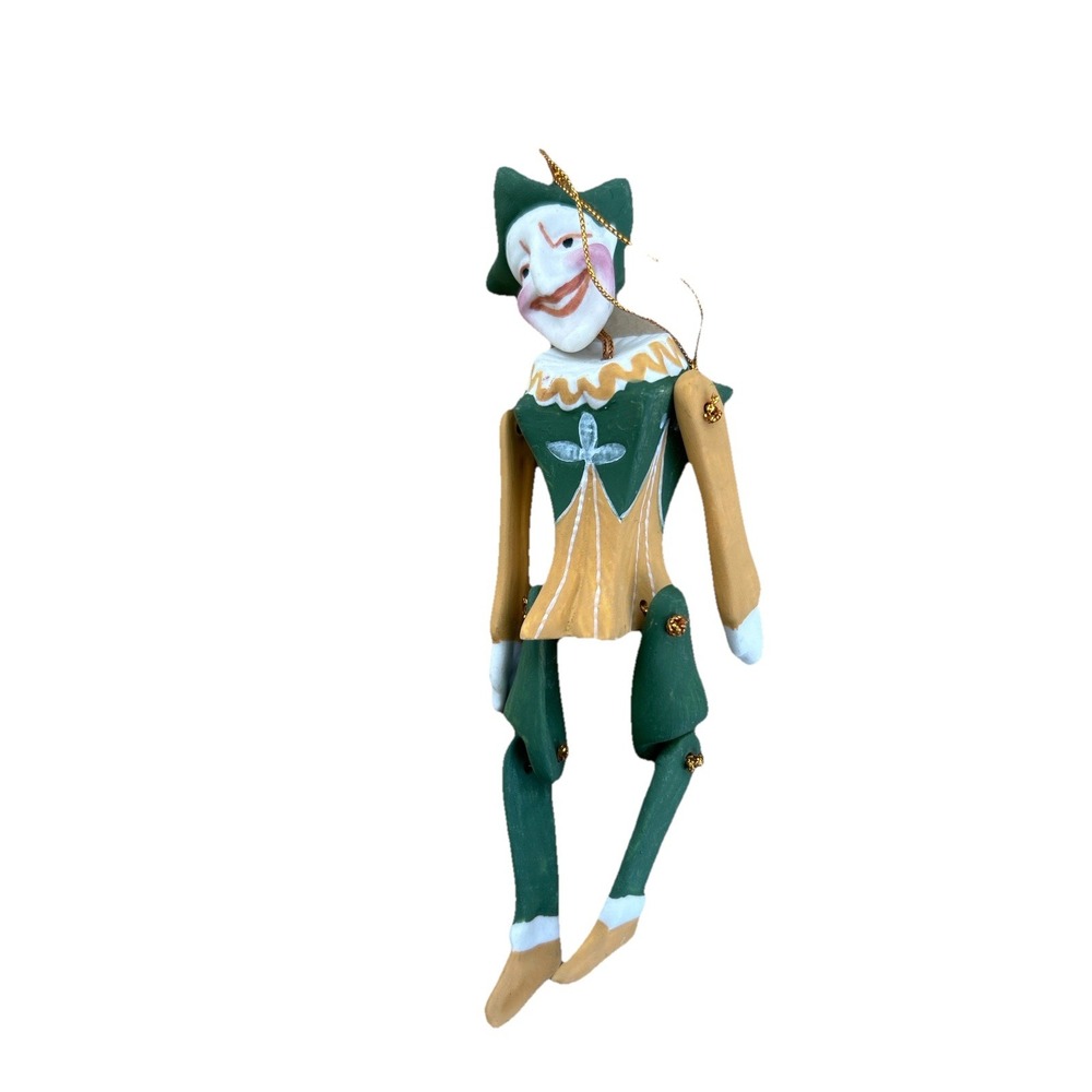 Vintage‎ Jointed ceramic Harlequin Jester Ornament Articulated Green Gold
